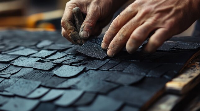 Roofer repairing shingles on a steep residential roof. Featuring expertise and efficiency