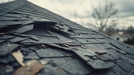 Roofer repairing storm damage on a residential roof. Featuring skill and attention to detail