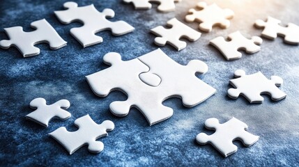 Obraz premium White puzzle pieces, scattered, forming a whole.