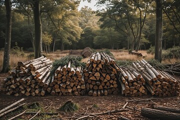 Chopped Wood Bundles and Branches Displayed in a Serene Woodland Glade