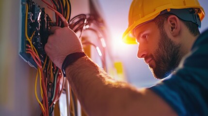 A construction worker installing electrical wiring in a wall. Featuring skill and precision