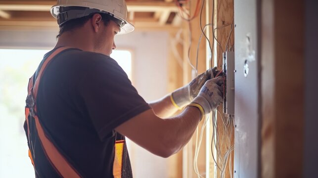 A construction worker installing electrical wiring in a wall. Featuring skill and precision