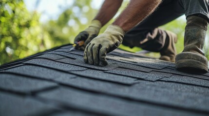 Roofer replacing damaged shingles on a steep roof. Featuring care and safety