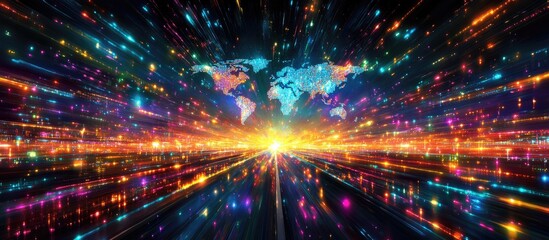 Naklejka premium Global network of light streaks through space and time.