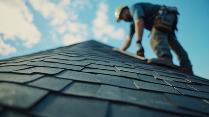 Roofer replacing missing shingles on a residential roof. Featuring detail and craftsmanship