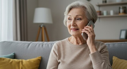 Senior woman smiling while talking on the phone in a cozy living room