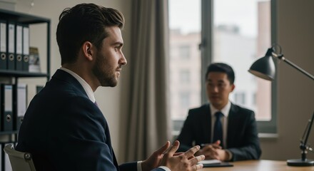 Professional men discussing business in a modern office  