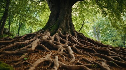 Obraz premium A massive tree showing its large roots spread across the forest floor