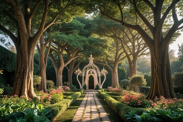 Fototapeta premium Enchanting Fairytale Retreat with Lush Gardens and Grand Trees Exuding Peace and Happiness