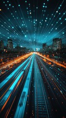 Urban highway at night, radiating light streaks.