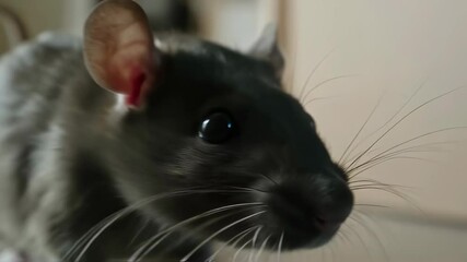 Gray rodent curiously wandering wooden floor, investigating surroundings with sensitive whiskers and keen senses while exploring domestic interior environment