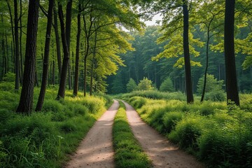 Fototapeta premium Lush Trails in a Green Deciduous Forest Discovering Summer Landscapes in a National Park