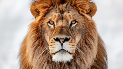 Majestic lion portrait golden mane intense amber eyes and detailed fur texture on a pure white background high resolution digital art