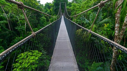 Fototapeta premium Suspension Bridge Over Lush Green Rainforest Canopy in Tropical Paradise