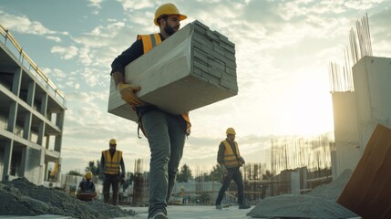 Laborer carrying construction materials at a building site. Featuring teamwork and strength