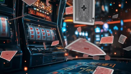 Playing cards falling on a slot machine showing a winning combination of sevens, in a casino environment with other slot machines and game tables in the background - Powered by Adobe