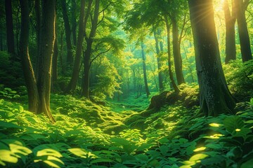Obraz premium Vibrant Sunlit Green Forest View with Lush Foliage