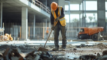 Laborer cleaning construction debris at a site. Featuring focus and cleanliness