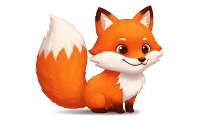 Obraz premium Adorable cartoon fox with a fluffy tail and mischievous smile, white background