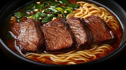 Delicious beef ramen with noodles and broth.