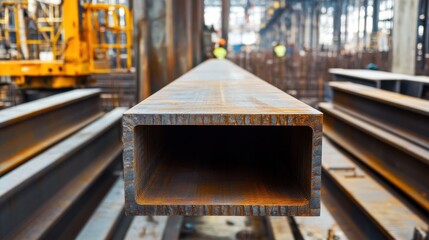 Steelworker lifting steel beams at a construction site. Featuring strength and precision