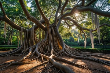 Obraz premium Banyan Roots Spreading Through Sunlit Jungle Park Canopy