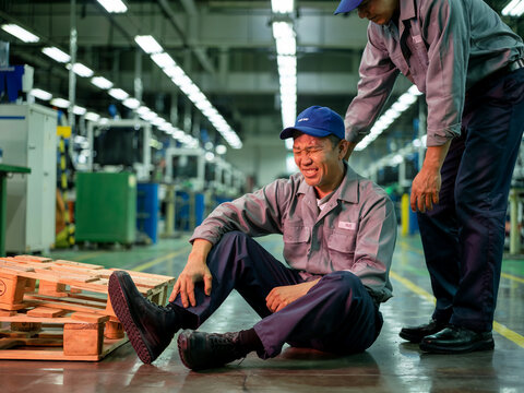 A man hurt after tripping over a wooden pallet in a factory.  He has hurt his leg. A concerned colleague is assisting him.  An occupational health and safety topic.