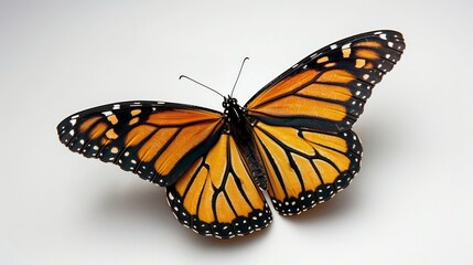 Fototapeta premium Monarch butterfly soaring vibrant orange black wings detailed soft motion blur delicate antennae visible isolated on a white background