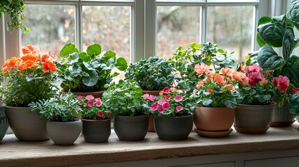Fototapeta premium Colorful potted plants on a windowsill