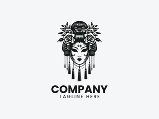 Geisha Mask Floral Hair Ornaments Tassels Vector Logo Design