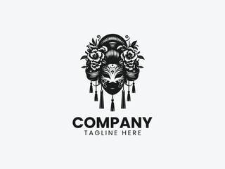 Obraz premium Geisha Mask Floral Hair Ornaments Tassels Vector Logo Design