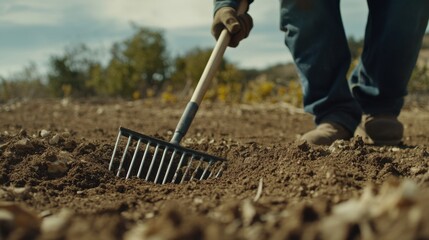 A construction worker leveling the ground with a rake at a site. Featuring groundwork and preparation