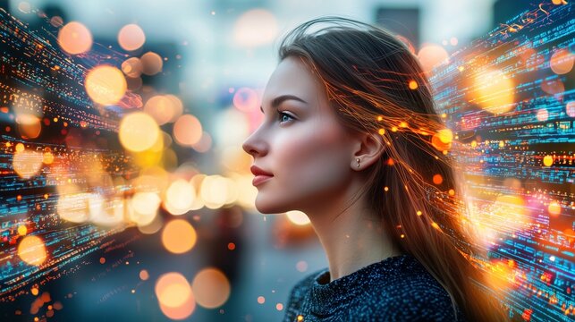 Profile of a young woman surrounded by glowing digital elements in a vibrant urban environment at dusk - Powered by Adobe