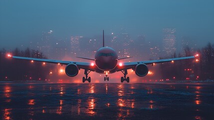 Airplane landing city night foggy runway