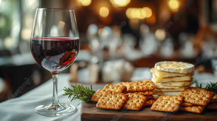 Enjoying red wine with gourmet crackers and cheese in an elegant dining setting