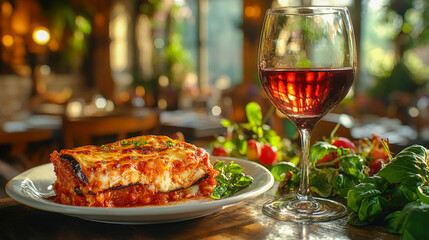 Enjoying a plate of eggplant parmesan paired with red wine in a cozy dining setting during evening hours