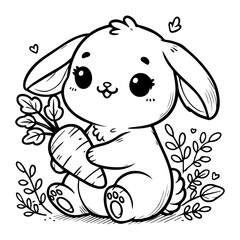 Cute Bunny Holding Carrot. Adorable Cartoon Rabbit with Plants