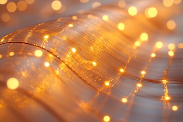 Golden fairy lights hanging in soft bokeh blur