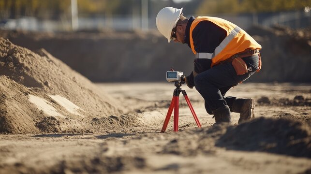 Land surveyor marking boundaries for a commercial development site. Featuring precision and site planning