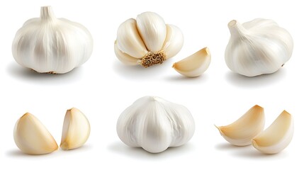 Fototapeta premium Fresh Garlic Cloves and Bulbs with a Bright White Background