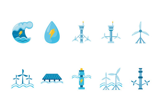 Blue And Yellow Ocean Power Energy Icons Set