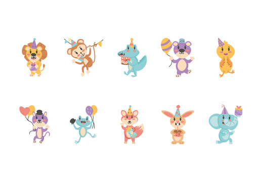 Colorful Funny Animals Birthday Party Illustration Design Set