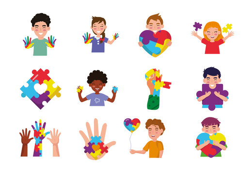 Colorful Puzzle Hands And Children Awareness Stickers Set