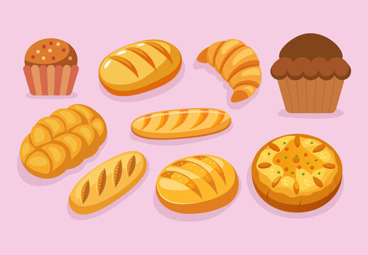 Colorful Fresh Delicious Artisan Bread Illustration Set