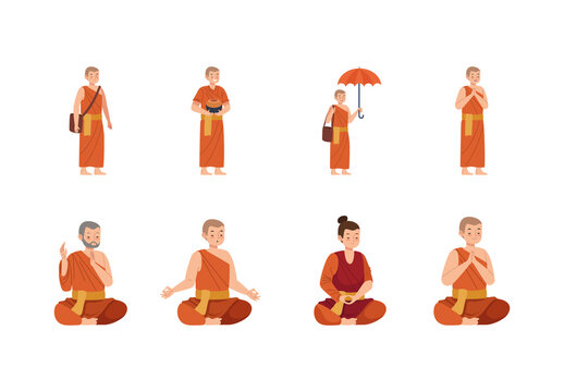 Orange Robes Peaceful Buddhist Monk Characters Illustration Set