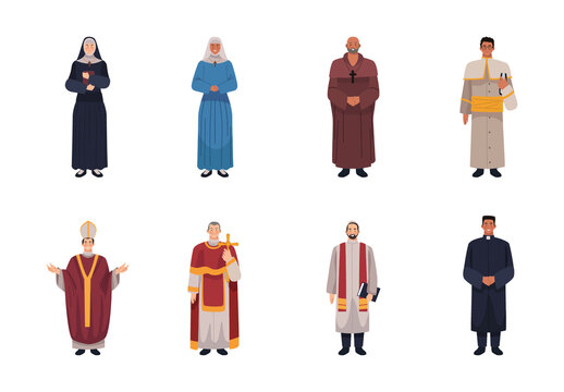Colorful Religious Catholic Priest And Nun Characters Illustration Set