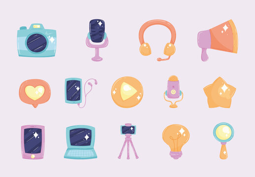 Purple And Orange Creative Blogging Equipment Stickers Set