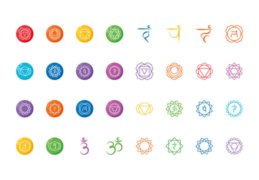 Red And Green Mandala Spiritual Chakras Icons Set