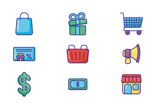 Blue And Green E Commerce Business Essentials Icons Set