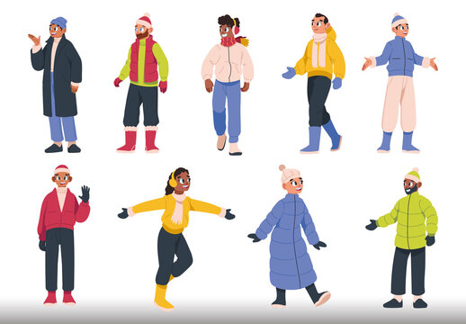 Colorful People Wearing Cozy Winter Outfit Illustration Set